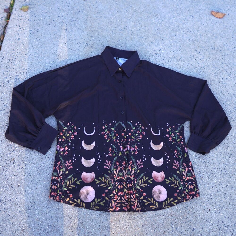 Cora Moon Astrology Button Down 2XL Lunar Floral Celestial Shirt Witchy Mystic